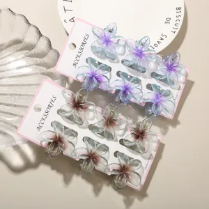 Detailed view of a 6-piece set of 4cm transparent glitter flower hair claw clips