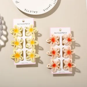 Detail van twee sets gradiënt frangipani bloem haarclips op witte kaarten