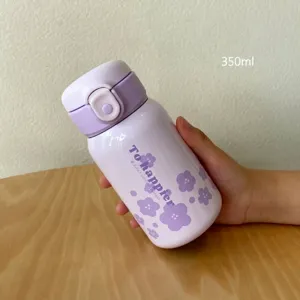 Botella de vacío de acero inoxidable violeta 350ml con diseño floral y eslogan tierno