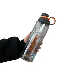 Grande bouteille d'eau de sport en plastique gris avec boucle de transport orange