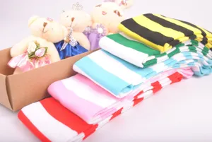 Detailed close-up shot of women's cotton wide striped over-the-knee long socks.