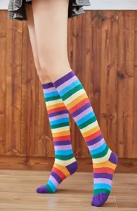 Colorful striped knee high socks for women, rainbow long cotton tube socks casual wear.