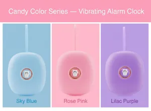 Candy color vibrant vibrating alarm clock detail view with cute cat button and strap design.