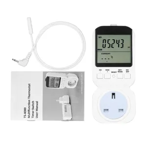 Detailansicht der digitalen Thermostat-Steckdose mit F100 Fuhler und praktischer Anleitung.