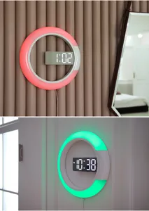 Modern LED hollow wall clock with colorful ambient light ring and digital time display for decor