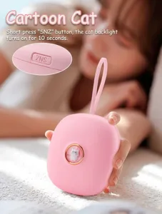 Pink cute cat portable electronic alarm clock with night light and silicone lanyard for daily use.
