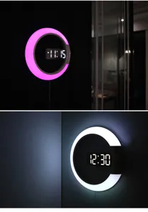 Modern LED hollow wall clock with digital display and multi-color ambient light for home decor.