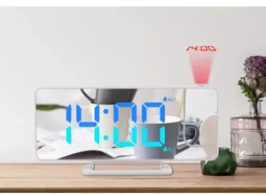 LED projection digital alarm clock with colorful gradient screen and mirror desktop display.