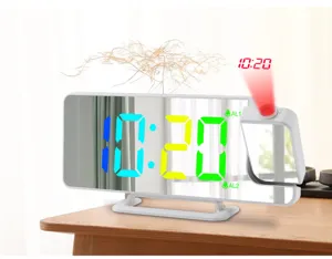 RGB projection digital alarm clock with large LED mirror screen and colorful display.