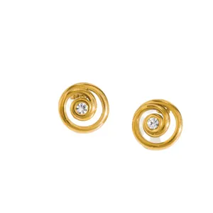 Gold-plated stainless steel spiral stud earrings with sparkling center crystal for women.
