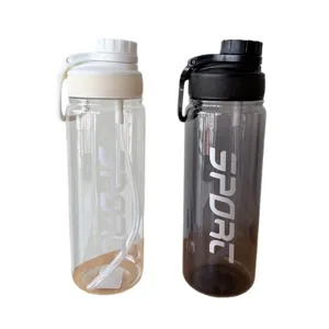 Botellas de agua deportivas de plástico de gran capacidad con pajita para gimnasio