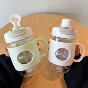 Borosilikatglas Wasserflasche Mit Silikonhülle Hohe Kapazität Strohhalmbecher Große Desktop Büro Tee Trennung Tasse Mit Griff