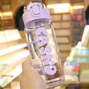 Close-up of hand holding a clear glass water bottle with a purple flip lid and CASNO print