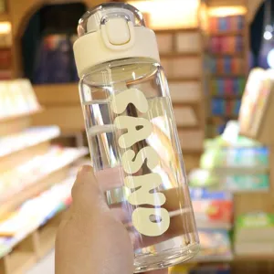 Detailed view of a clear glass water bottle with cream pop-top lid and CASNO logo
