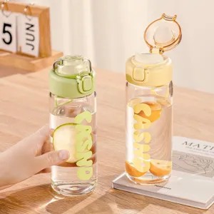 Transparent glass water bottle with colorful bounce lid and portable strap