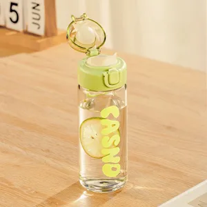 Minimalist clear glass water bottle with a green flip-top lid and CASNO logo print