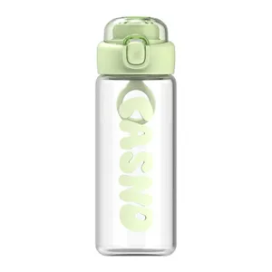 Minimalist transparent green bounce lid glass water bottle with portable carry strap