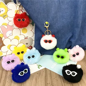 Cartoon Soot Sprite Plush Keychain With Sunglasses Cute Ugly-Cute Coal Ball Bag Charm Imitation Rex Rabbit Fur Keyring For Women Kids Gift