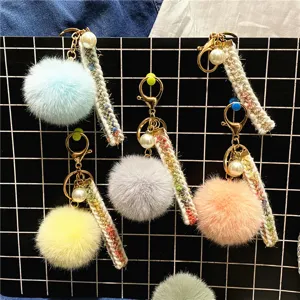 Elegant Faux Fur Pom Pom Keychain With Tweed Ribbon And Artificial Pearl For Women Bag Charm Elegant Car Key Ring Accessory