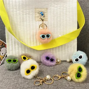 Ugly Cute Plush Monster Keychain Faux Fur Ball Bag Pendant Charm Decoration With Sunglasses And Artificial Pearl For Women