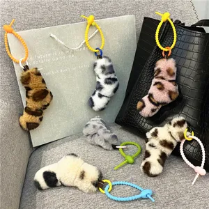 Cute Leopard Print Plush Bag Charm Fashion Faux Fur Twist Knot Keychain For Handbag Schoolbag Car Key Accessories Women Girls