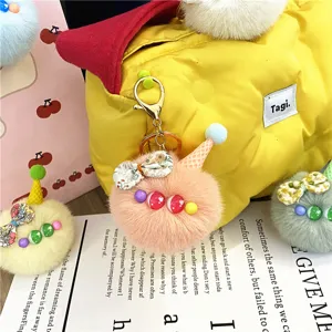 Cute Ice Cream Plush Keychain Faux Fur Pompom Cartoon Doll Bag Pendant For Women Girls Decorative Keyring Accessory Gift