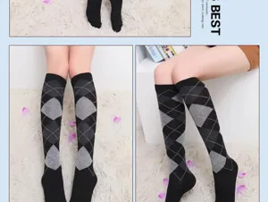 Women fashion argyle knee high socks, classic black and gray knit long boot socks.