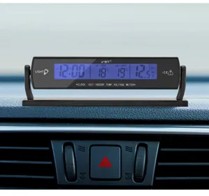Car digital clock with dual temperature monitor and voltage meter, clear blue display for dashboard.