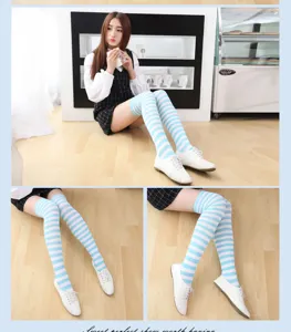 Blue and white striped over the knee socks for women sweet daily wear detail view