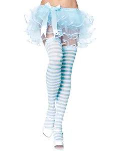 Detailed view of sweet light blue and white striped over-the-knee socks with fluffy tutu.