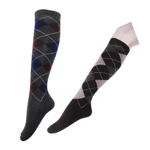 Classic argyle knee high socks for women, vintage knit long tube socks for autumn spring.