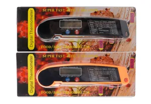 Digital food meat thermometer with fast folding probe, digital LCD screen, BBQ cooking tool.