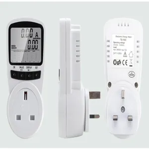 Digital power meter socket with LCD display, 230V overload protection energy monitor plug.