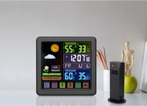 Wireless weather clock with color screen, indoor outdoor thermometer and digital forecast display.