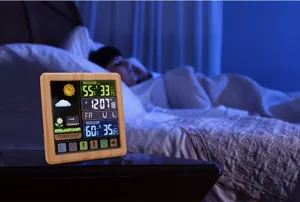 Multi-function wireless weather clock with color screen indoor outdoor thermometer hygrometer.