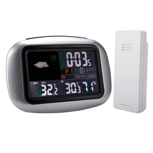 Multifunctional color screen wireless weather clock with indoor outdoor temperature and humidity sensor.