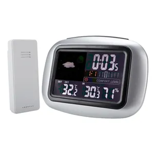 Wireless digital weather clock with indoor outdoor temperature and humidity sensor monitor.