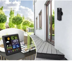 Wireless weather clock with color screen, indoor outdoor thermometer hygrometer display.