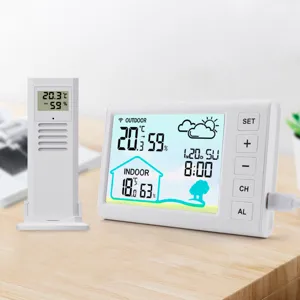 Multifunctional wireless weather clock with color screen for indoor outdoor temperature.