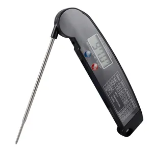 Digital folding meat thermometer with stainless steel probe and LCD display for kitchen cooking.