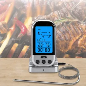 Thermomètre de Viande BBQ Sans Fil Thermomètre Numérique de Cuisine pour Aliments avec Sonde en Acier Inoxydable et Base pour Griller en Plein Air