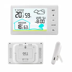 Multifunctional wireless weather clock with color screen, indoor outdoor temperature and humidity display.