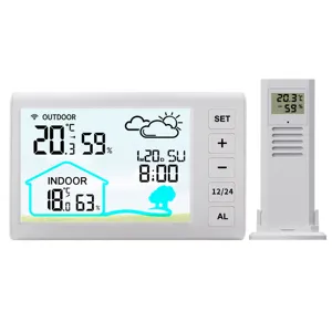 Wireless color screen weather station with indoor outdoor temperature humidity monitor and clock.