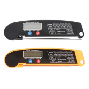 Digital folding meat probe thermometer with LCD screen and temperature guide for kitchen use.