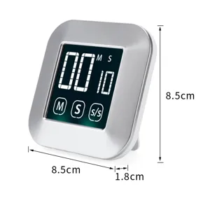 Digital kitchen timer countdown timer with clear LED display and compact square silver casing.