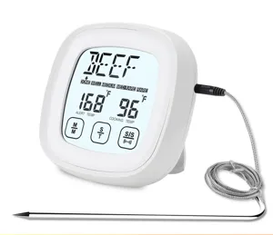 Detailed view of the digital food meat thermometer showing clear LCD screen, probe, and wire.