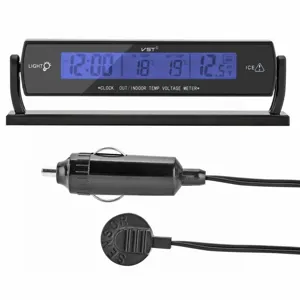 Car digital clock thermometer voltmeter with dual temperature sensors and cigarette lighter plug.