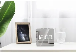 Creative LED mirror digital clock, multifunctional mute alarm clock, minimalist electronic desk clock.