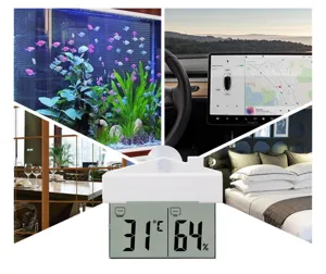 Suction cup digital thermo hygrometer for home aquarium and car use with clear LCD display.