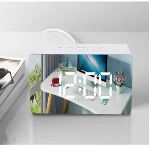 LED digital mirror alarm clock detail view with clear display and control buttons.